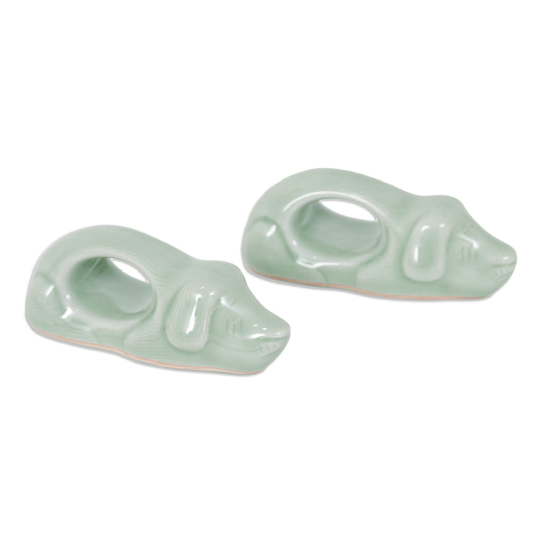 Dog-Themed Green Celadon Ceramic Napkin Rings (Pair) - Perennial Grandeur