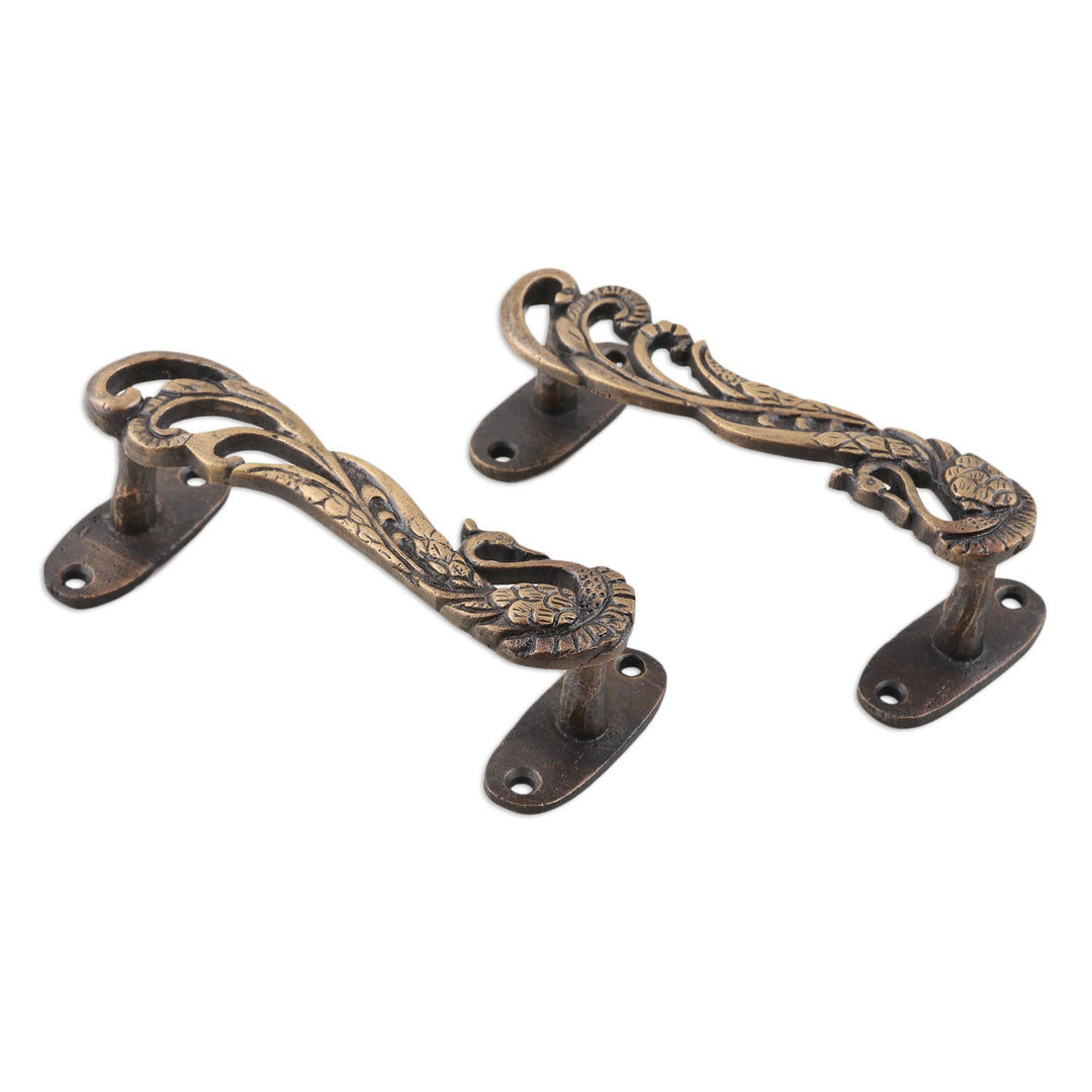 Brass Peacock Door Handle Pair - Royal Peacocks