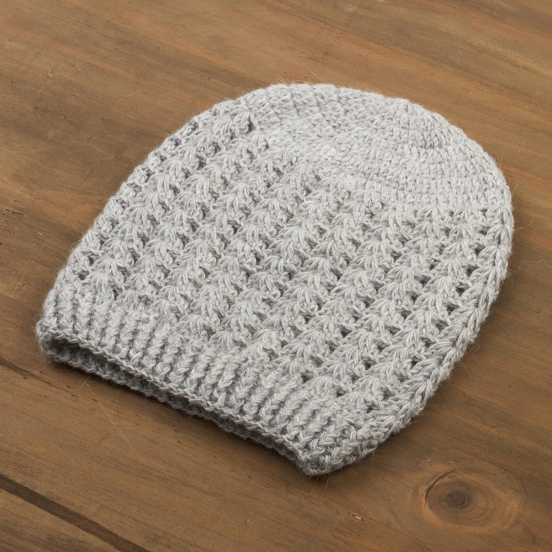 Hand-Crocheted Dove Grey Alpaca Cozy Winter Hat - Grey Stars Align