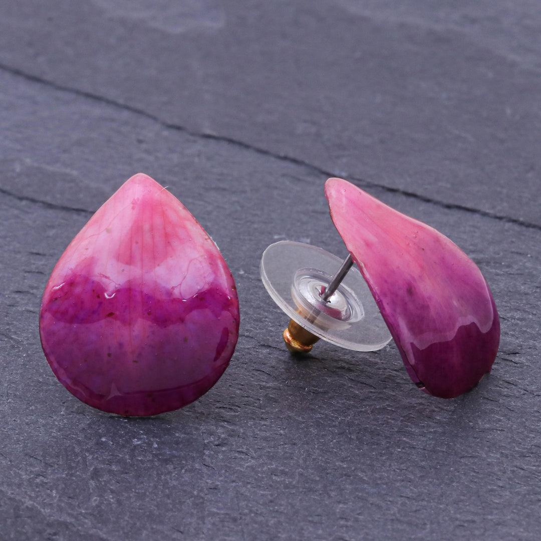 Hand Made Orchid Petal Button Earrings - Orchid Kiss in Fuchsia