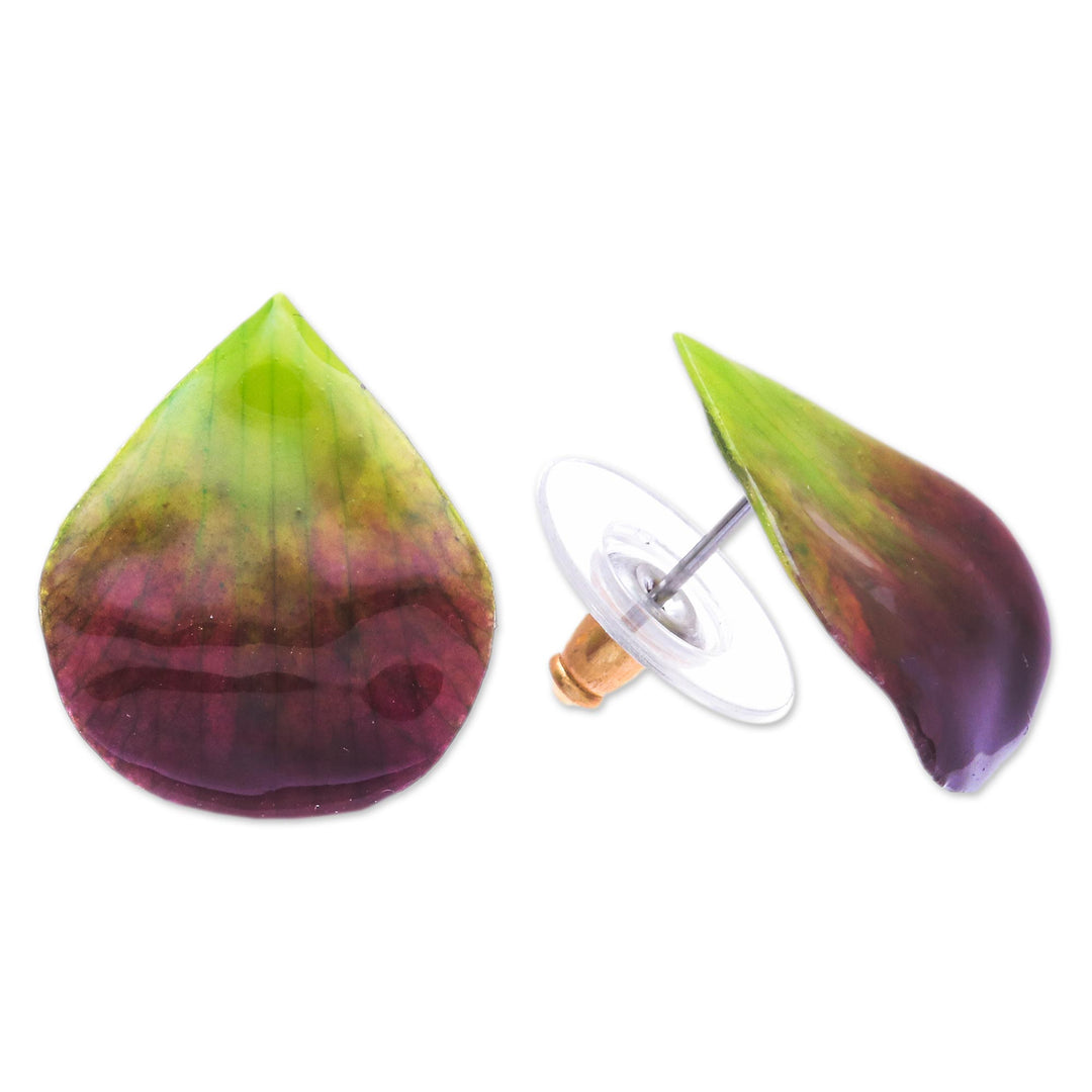 Hand Made Orchid Petal Button Earrings - Orchid Kiss in Green