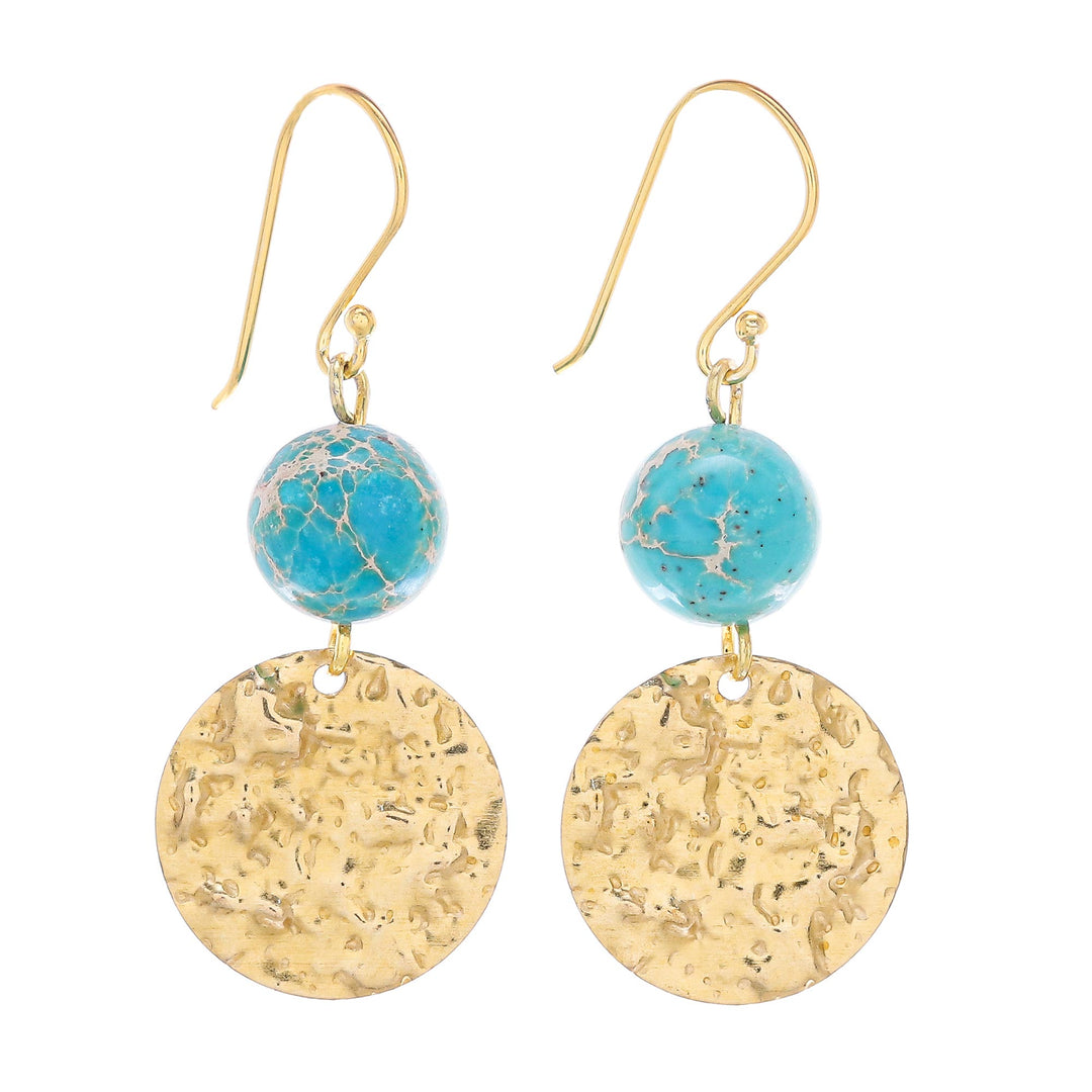 Reconstituted Turquoise Bead and Brass Coin Dangle Earrings - Golden Coin in Turquoise