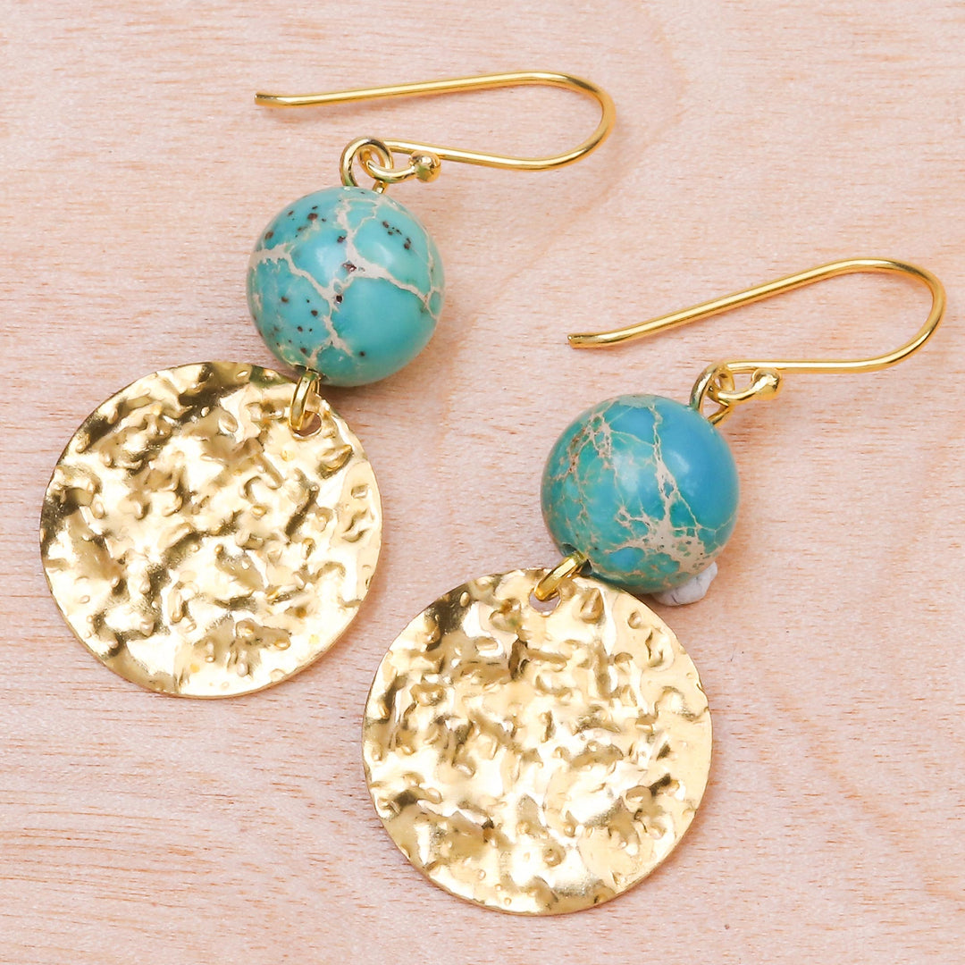 Reconstituted Turquoise Bead and Brass Coin Dangle Earrings - Golden Coin in Turquoise