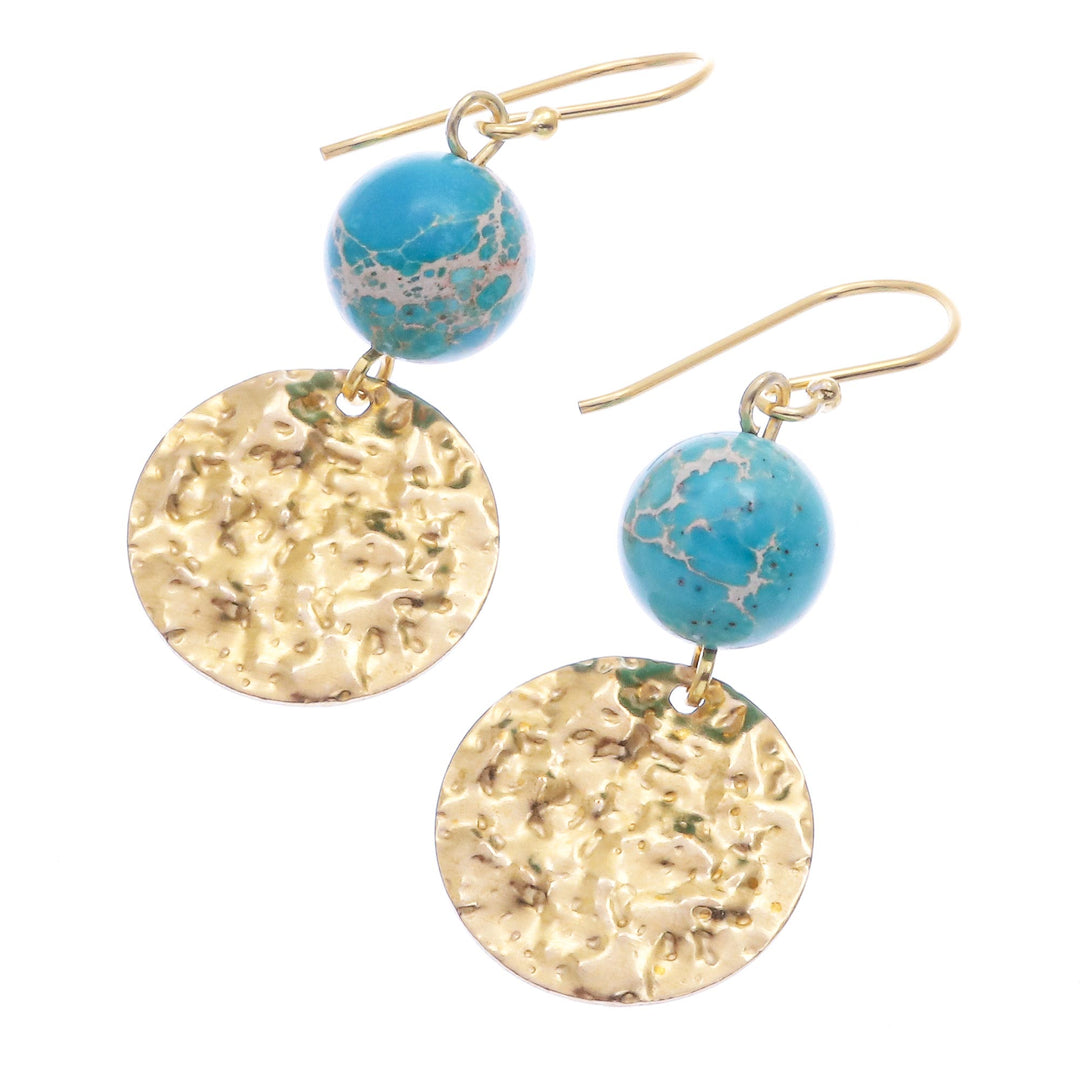 Reconstituted Turquoise Bead and Brass Coin Dangle Earrings - Golden Coin in Turquoise