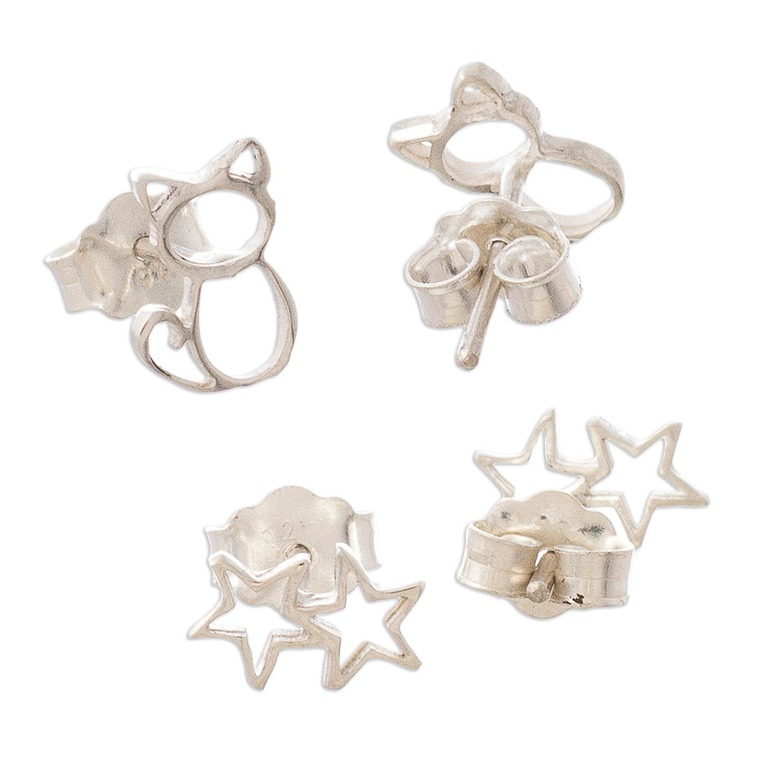 Sterling Silver Stud Earrings with Cats and Stars (Pair) - Cats and Stars