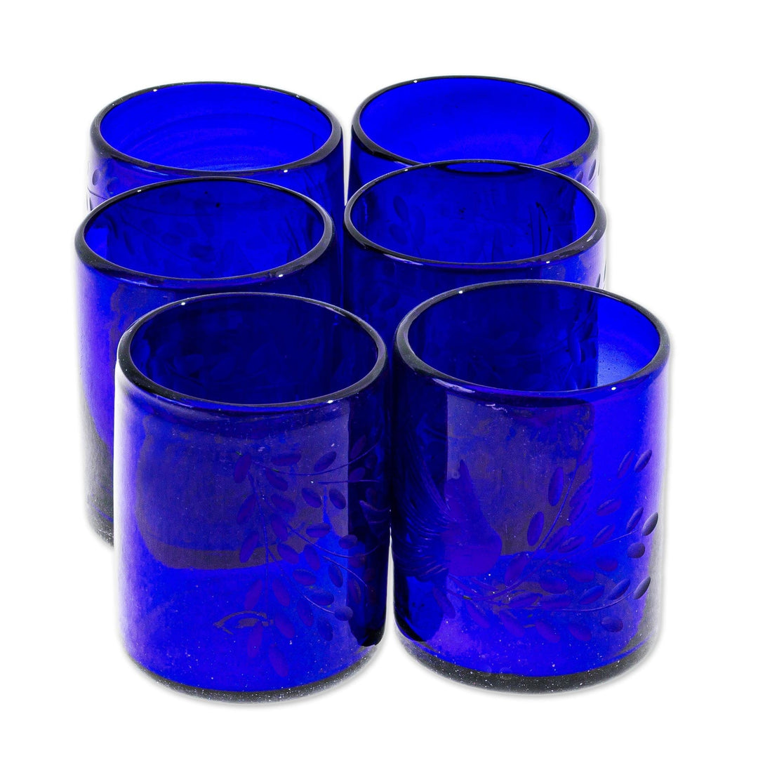 Blue Etched Hand Blown Juice Glasses (Set of 6) - Paloma Azul