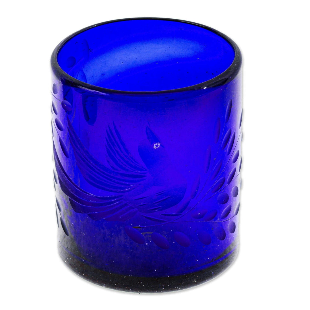 Blue Etched Hand Blown Juice Glasses (Set of 6) - Paloma Azul