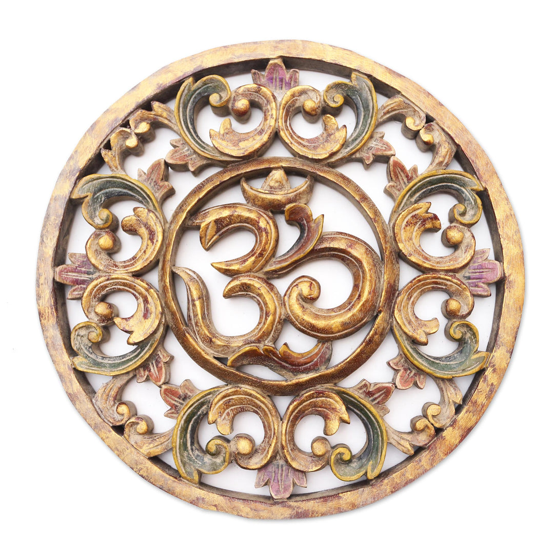 Hand Painted Suar Wood Relief Panel from Bali - Rounded Ong-Kara