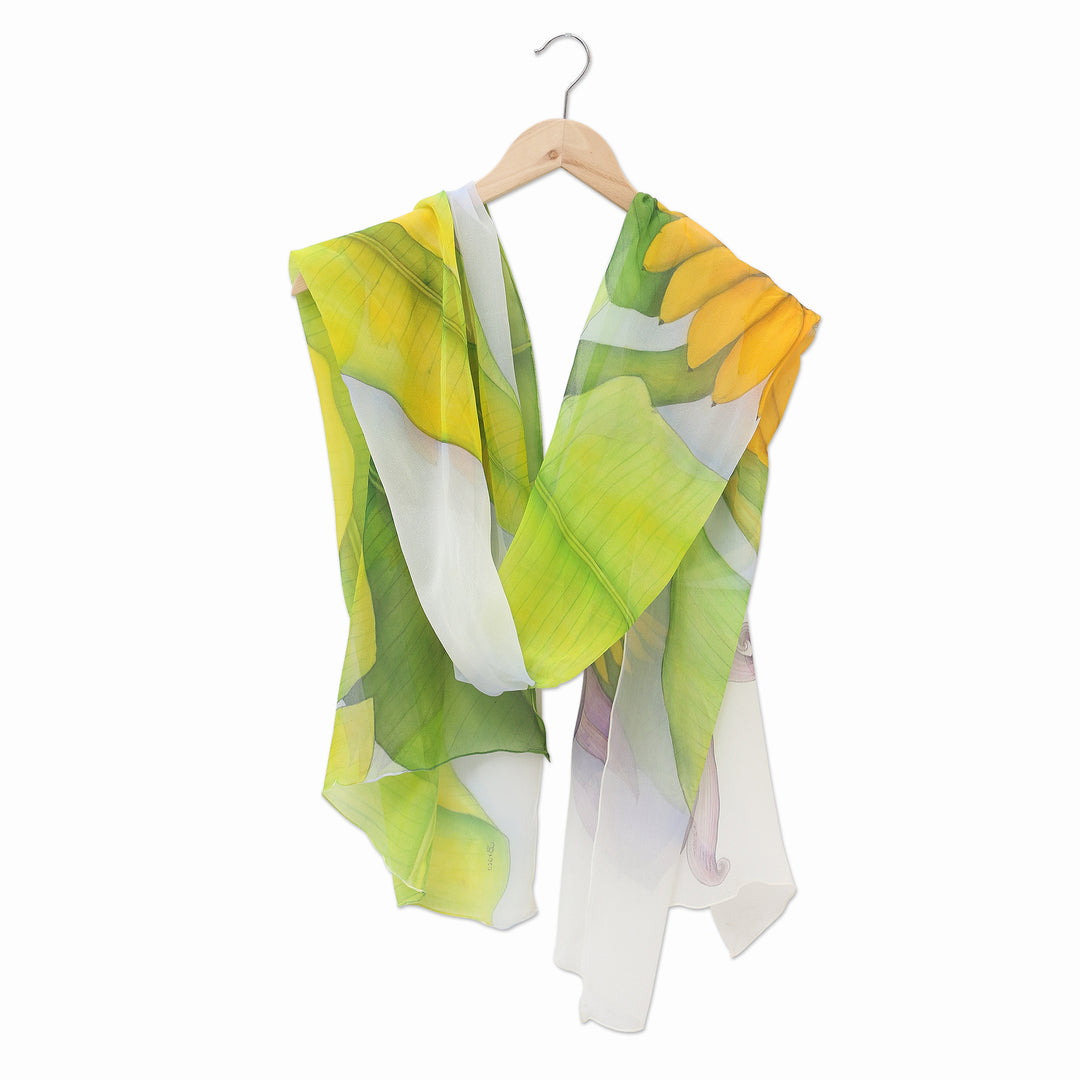 Hand-Painted Silk Chiffon Banana-Themed Shawl - Banana Bunch