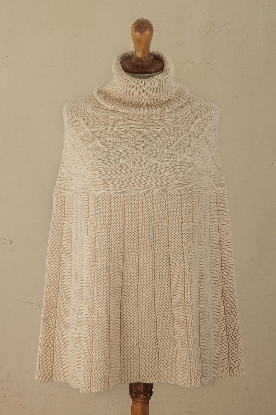 Braided Detail Ivory Alpaca Blend Poncho from Peru - Natural Ivory