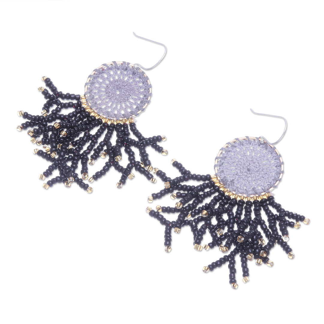 Crocheted Dreamcatcher Earrings with Black Glass Beads - Dreaming Tree in Black