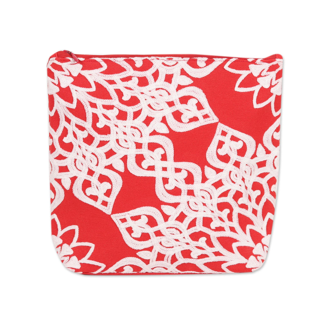 Red Embroidered Cotton Cosmetic Bag from India - Candy Apple