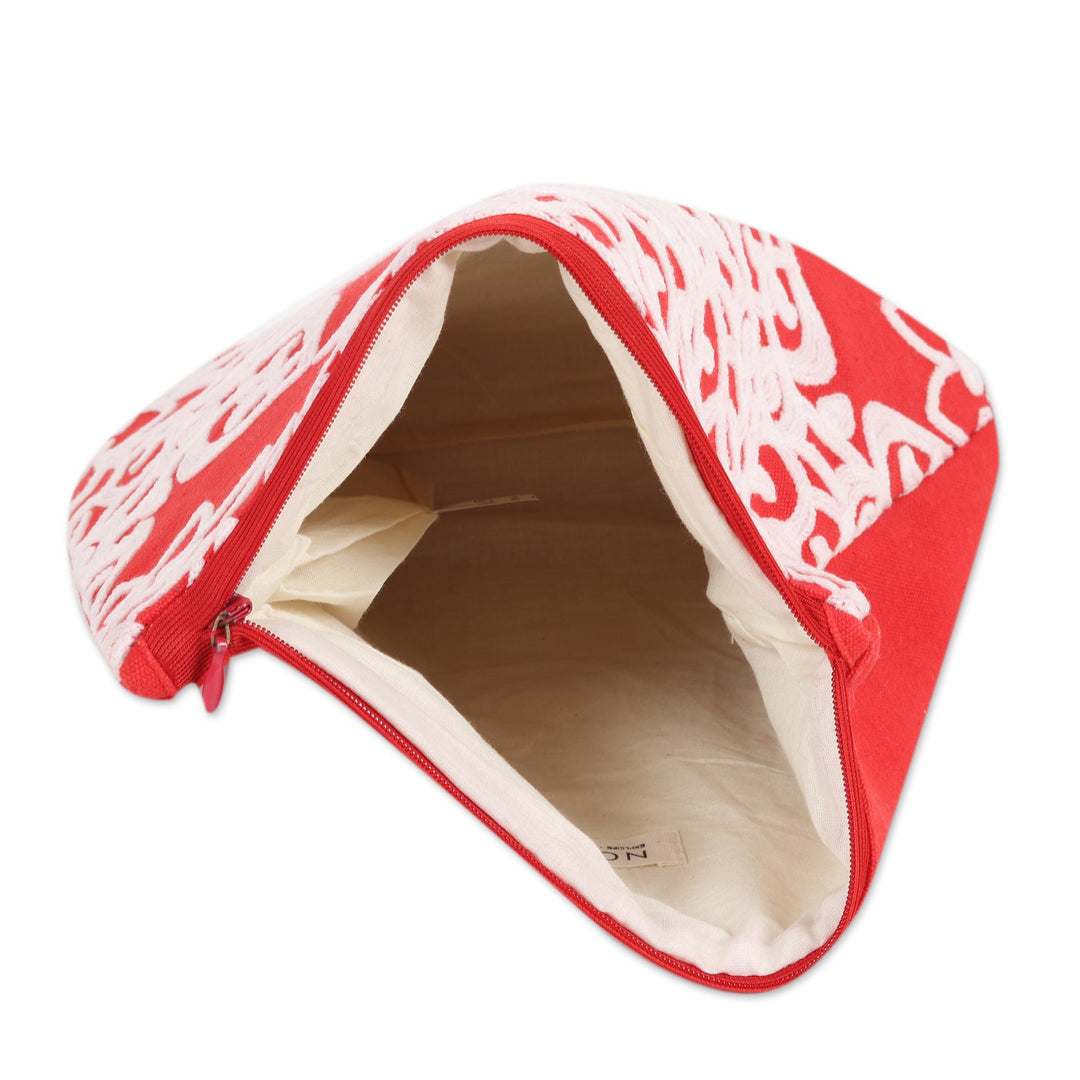 Red Embroidered Cotton Cosmetic Bag from India - Candy Apple
