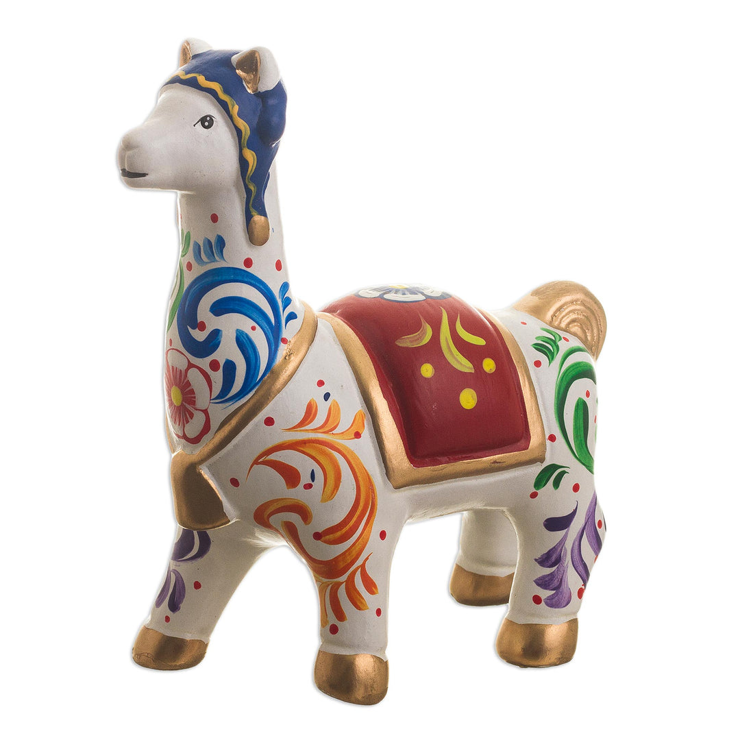 Multicolored Llama Ceramic Figurine - Chullo Llama in White