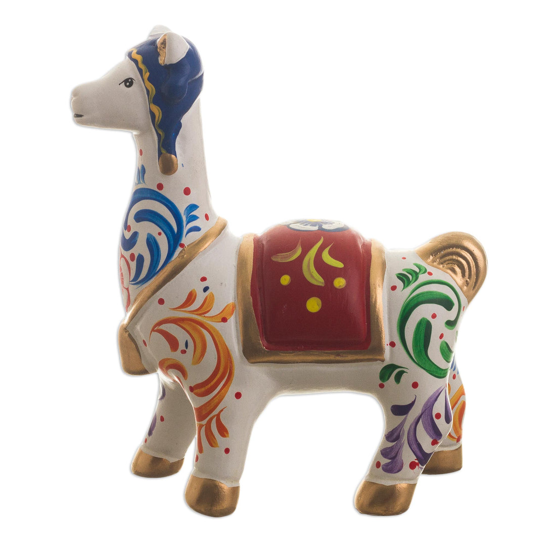 Multicolored Llama Ceramic Figurine - Chullo Llama in White