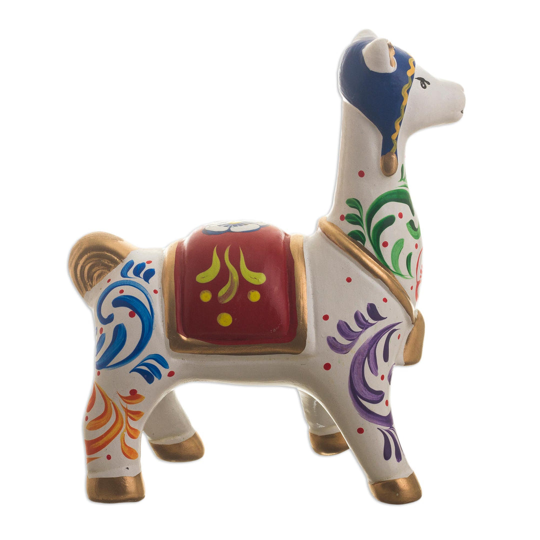 Multicolored Llama Ceramic Figurine - Chullo Llama in White