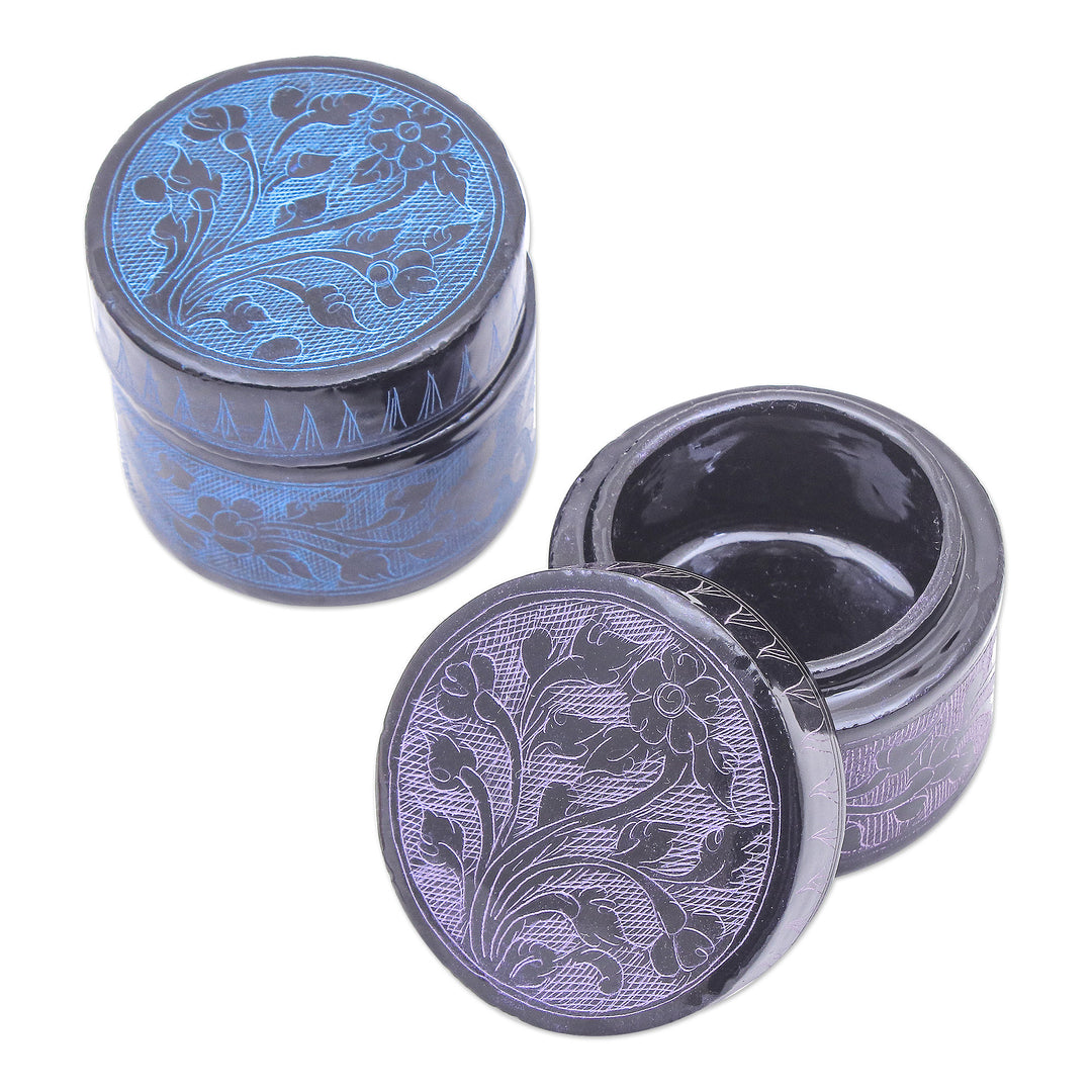 Handmade Decorative Floral Wood Boxes from Thailand (Pair) - Frosty Flora