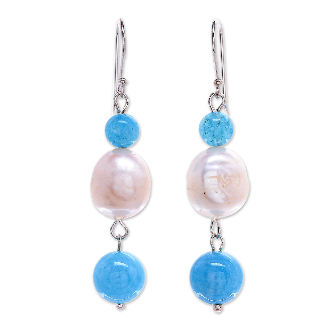 Cultured Freshwater Pearl and Quartz Dangle Earrings - Electric Ocean