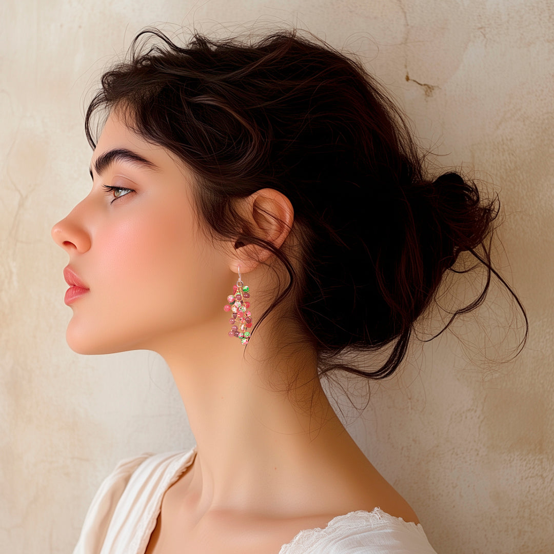 Hand Crafted Quartz and Agate Dangle Earrings - Dionysus in Pink