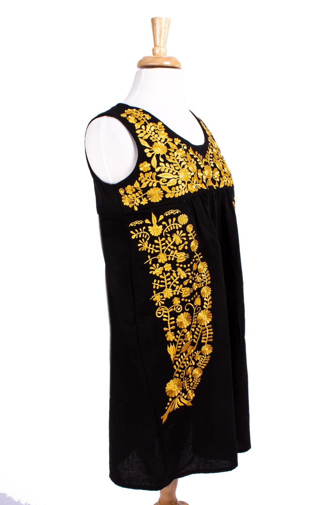 Hand Embroidered Yellow & Black Cotton Oaxaca Style Dress - Golden Midnight Oaxaca Blossom