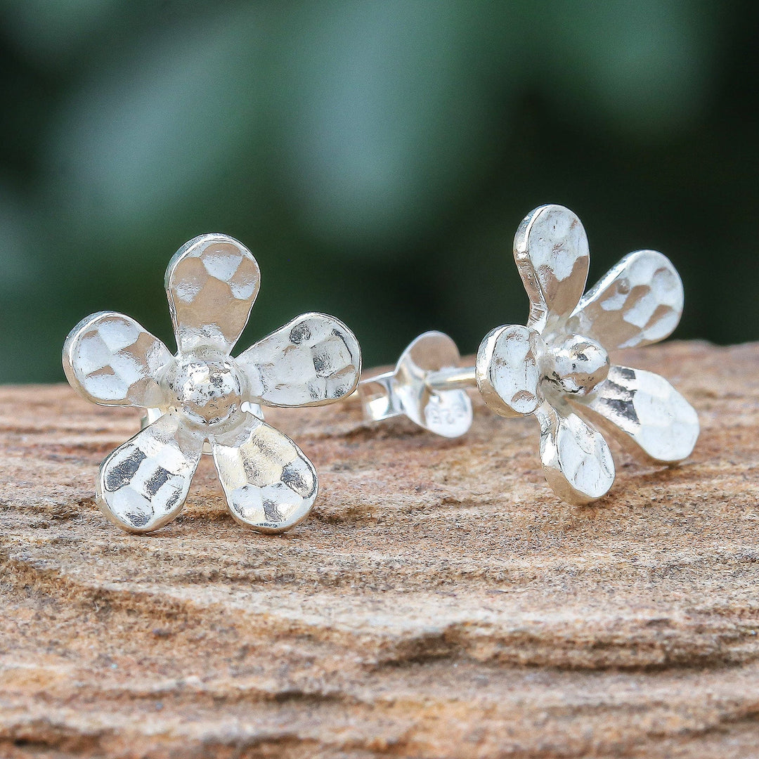 Hammered Sterling Silver Floral Button Earrings - Hammered Flowers