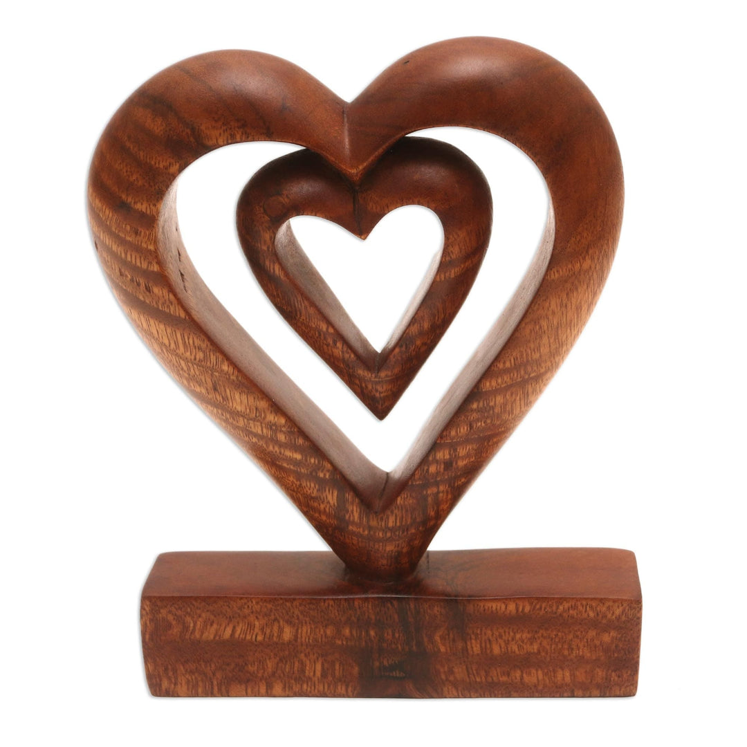 Hand Carved Natural Suar Wood Heart Statuette - Two Loves in Brown