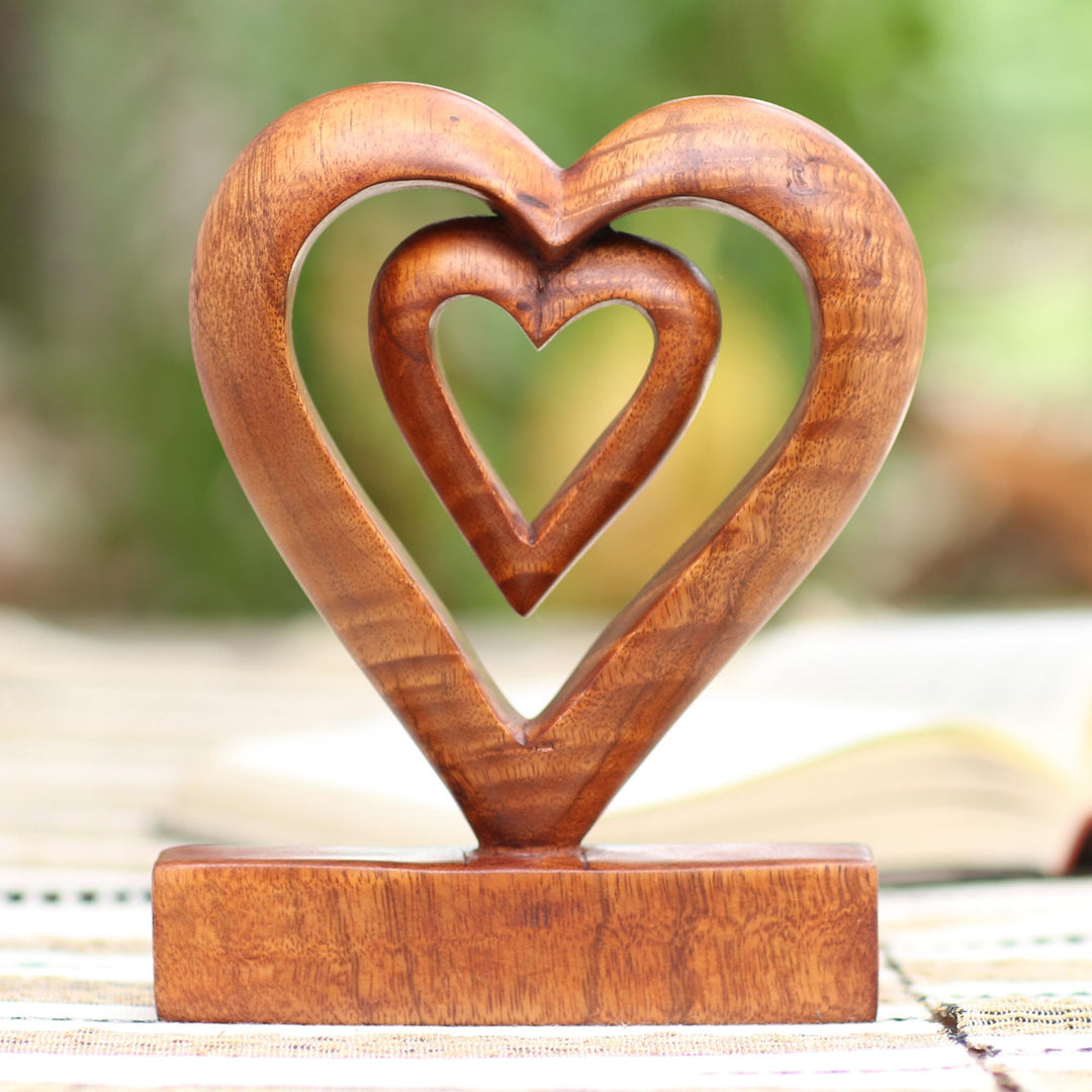 Hand Carved Natural Suar Wood Heart Statuette - Two Loves in Brown