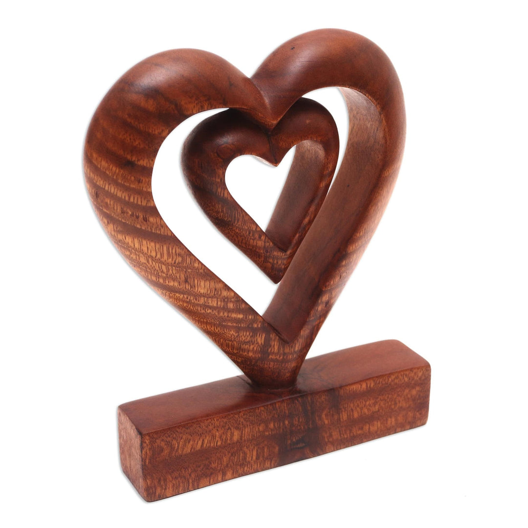 Hand Carved Natural Suar Wood Heart Statuette - Two Loves in Brown
