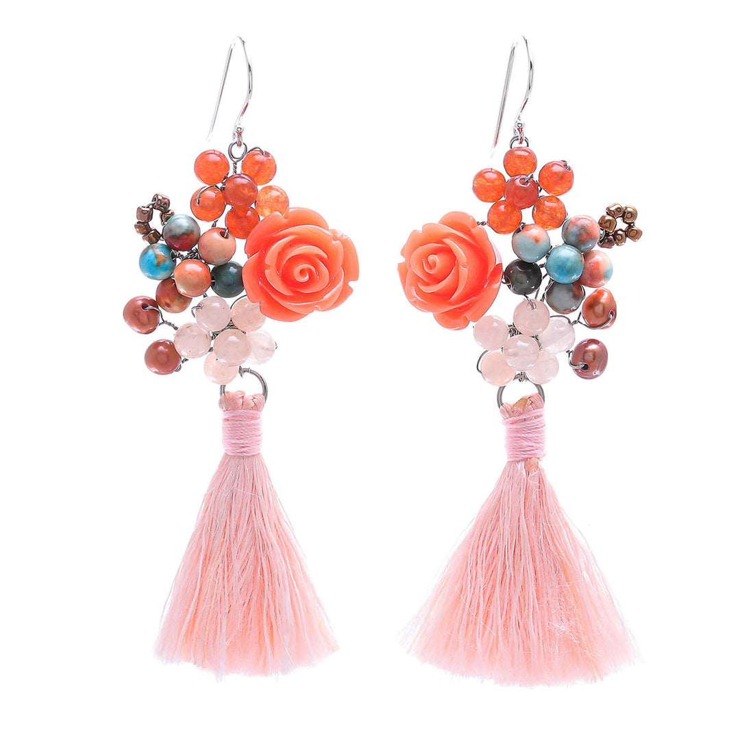 Agate and Cultured Freshwater Pearl Dangle Earrings - Candy Bouquet in Orange