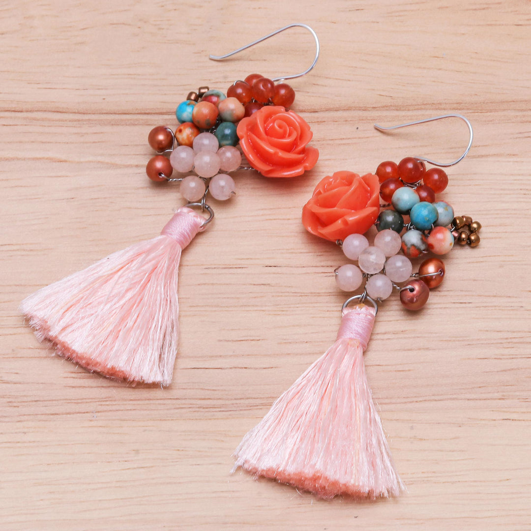 Agate and Cultured Freshwater Pearl Dangle Earrings - Candy Bouquet in Orange