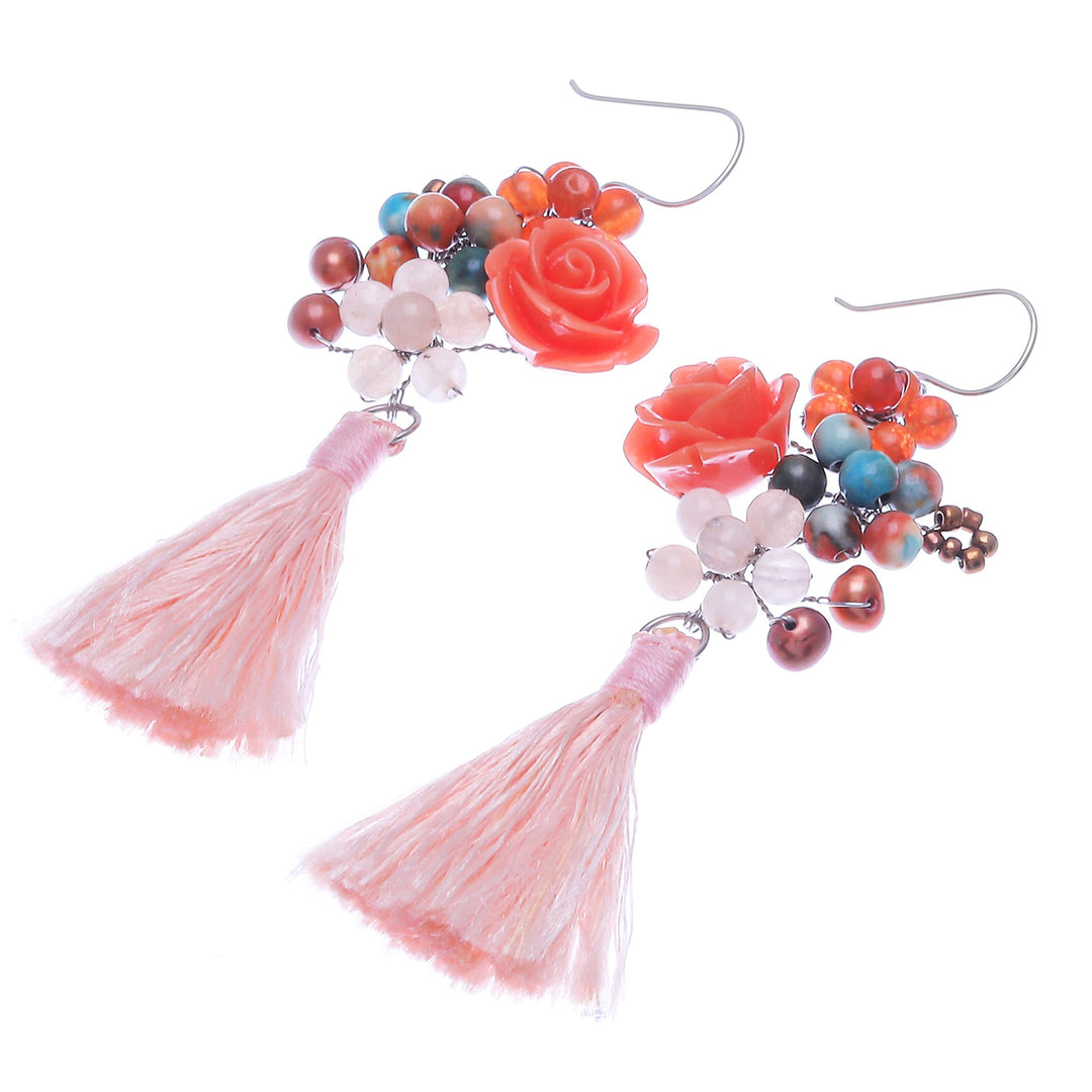 Agate and Cultured Freshwater Pearl Dangle Earrings - Candy Bouquet in Orange