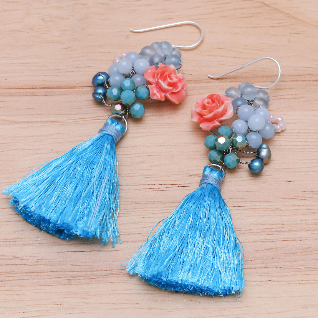 Chalcedony and Cultured Pearl Dangle Earrings - Candy Bouquet in Blue