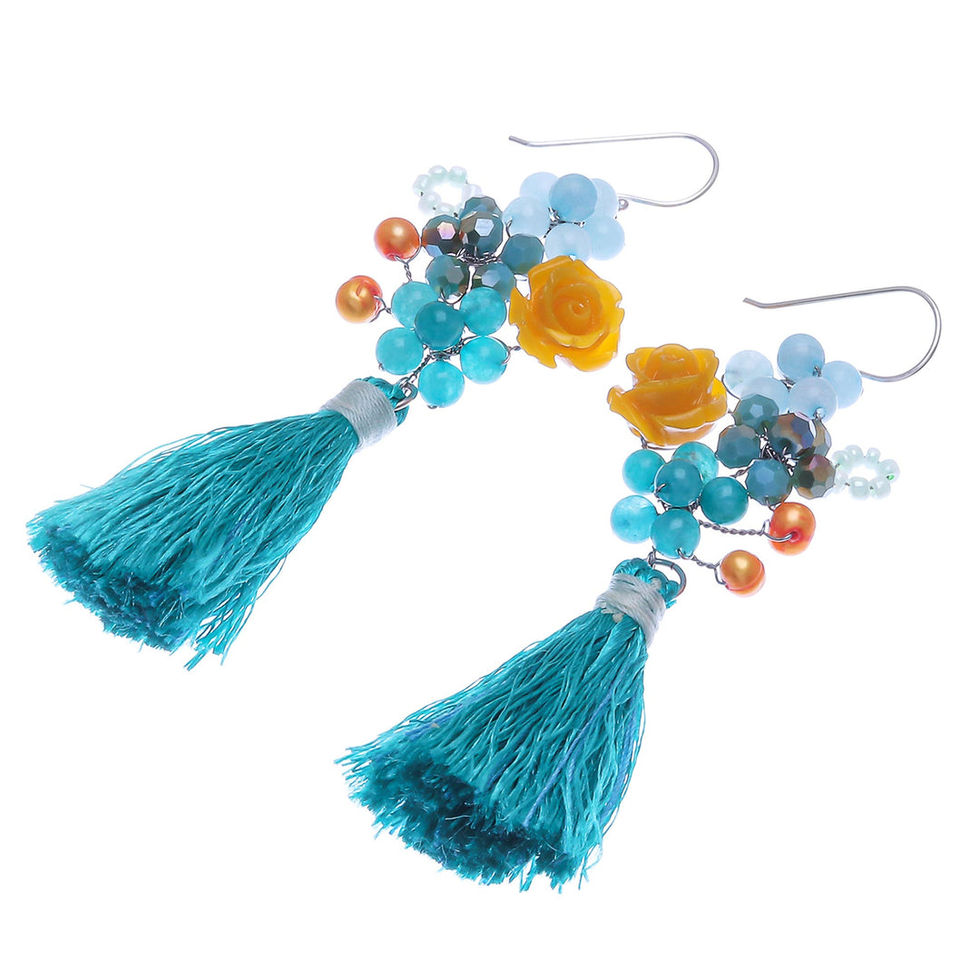 Quartz and Cultured Freshwater Pearl Dangle Earrings - Candy Bouquet in Turquoise