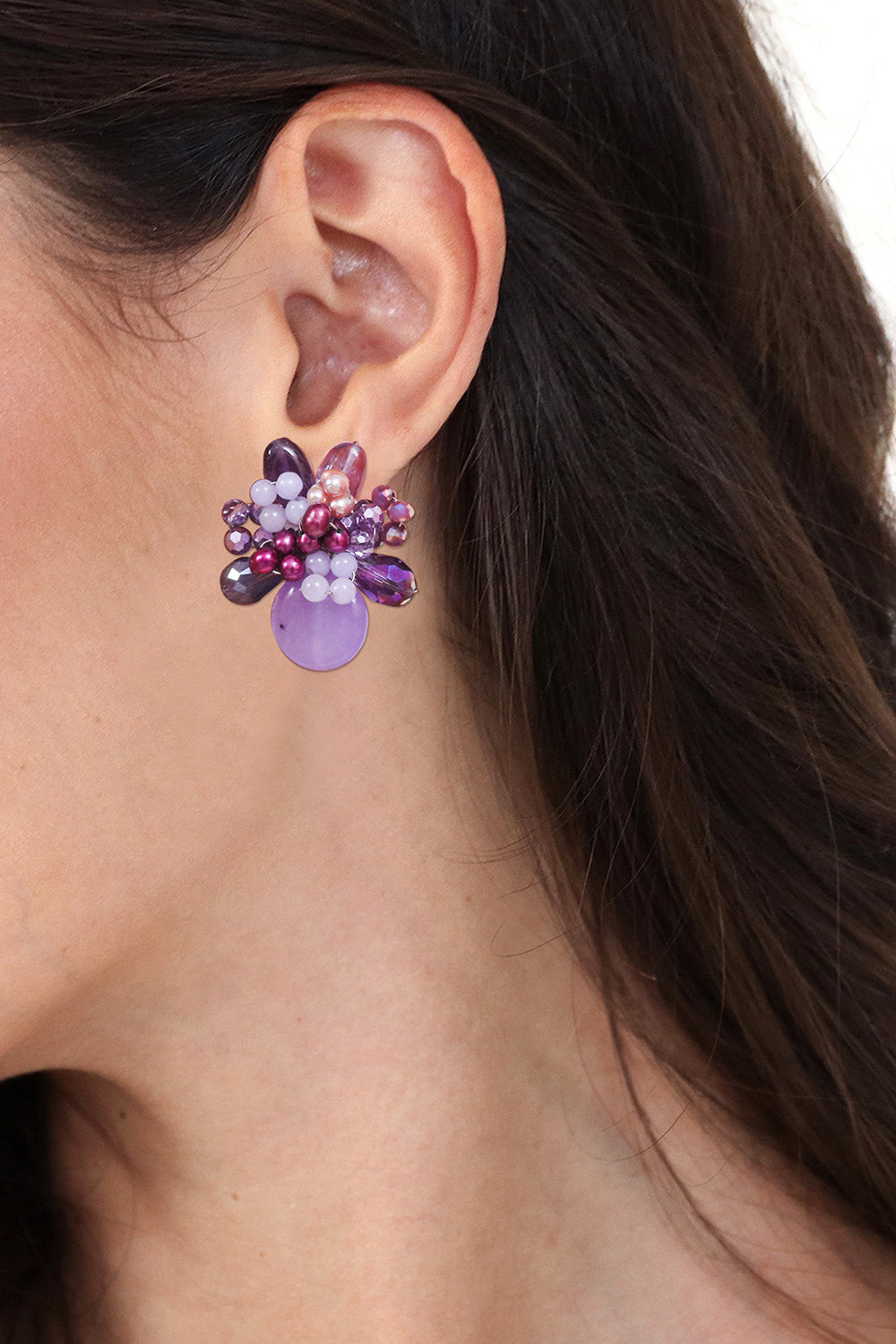 Amethyst and Cultured Pearl Cluster Clip-On Earrings - Solaris in Purple