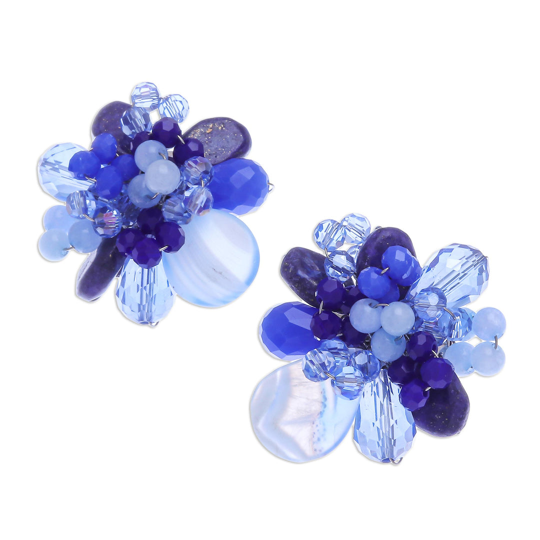 Agate and Lapis Lazuli Cluster Clip-On Earrings - Solaris in Blue