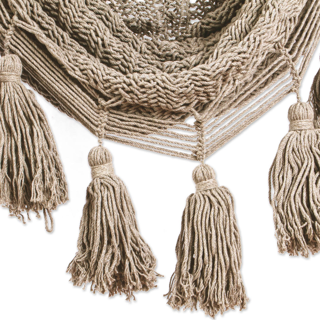 Tasseled Beige Cotton Rope Mayan Hammock Swing from Mexico - Ocean Seat in Ivory