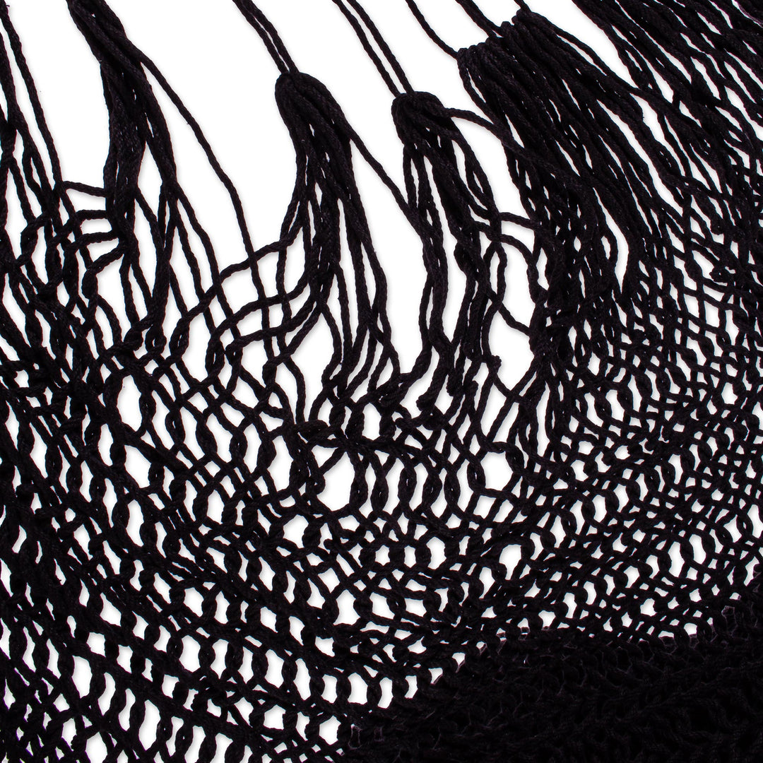 Black Fringed Cotton Rope Mayan Hammock Swing from Mexico - Sea Breezes in Black
