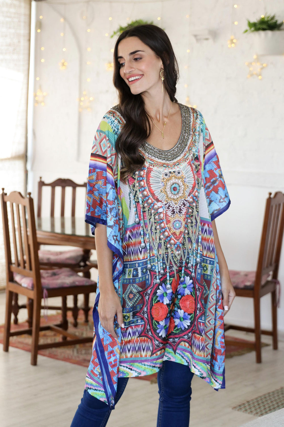 Beaded Indian Caftan with Geometric Print - Glamour Girl