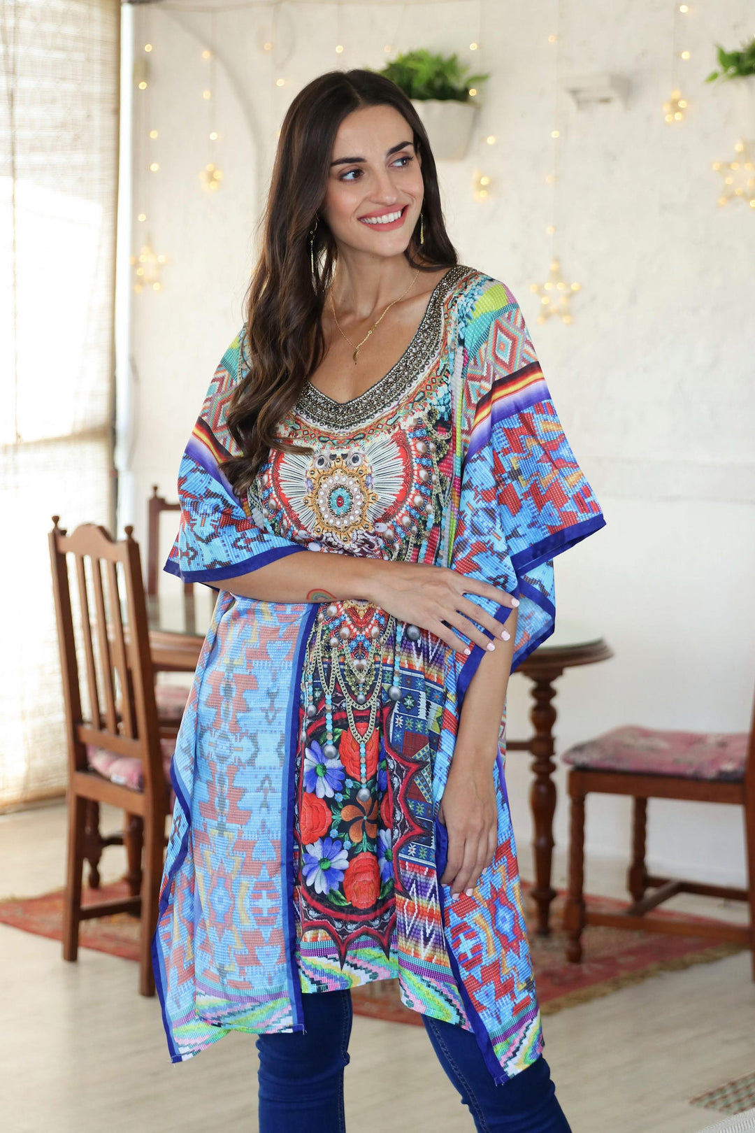 Beaded Indian Caftan with Geometric Print - Glamour Girl
