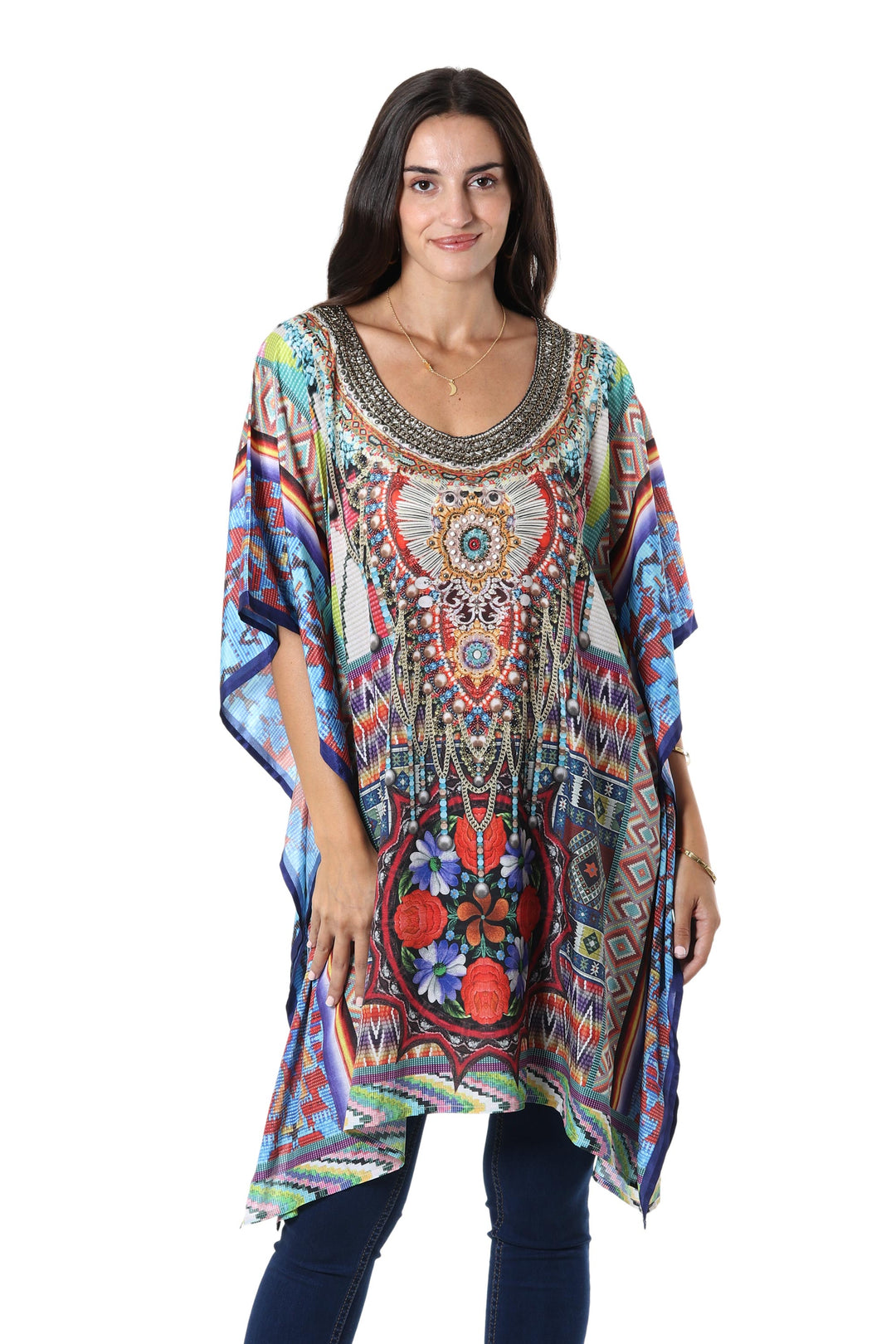 Beaded Indian Caftan with Geometric Print - Glamour Girl