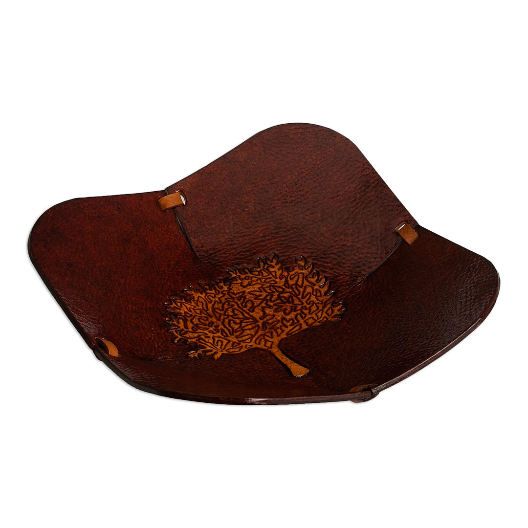 Brown Tree Motif Hand Tooled Leather Catchall from Peru - Blooming Tree