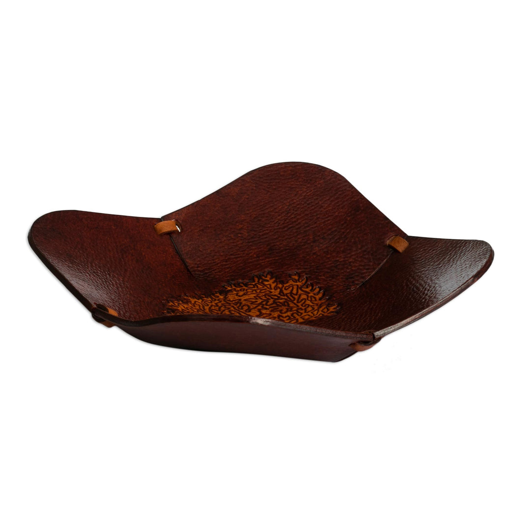 Brown Tree Motif Hand Tooled Leather Catchall from Peru - Blooming Tree