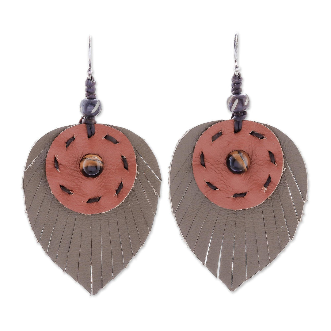 Hand Crafted Tiger's Eye and Leather Leaf Dangle Earrings - Aurora Leaves