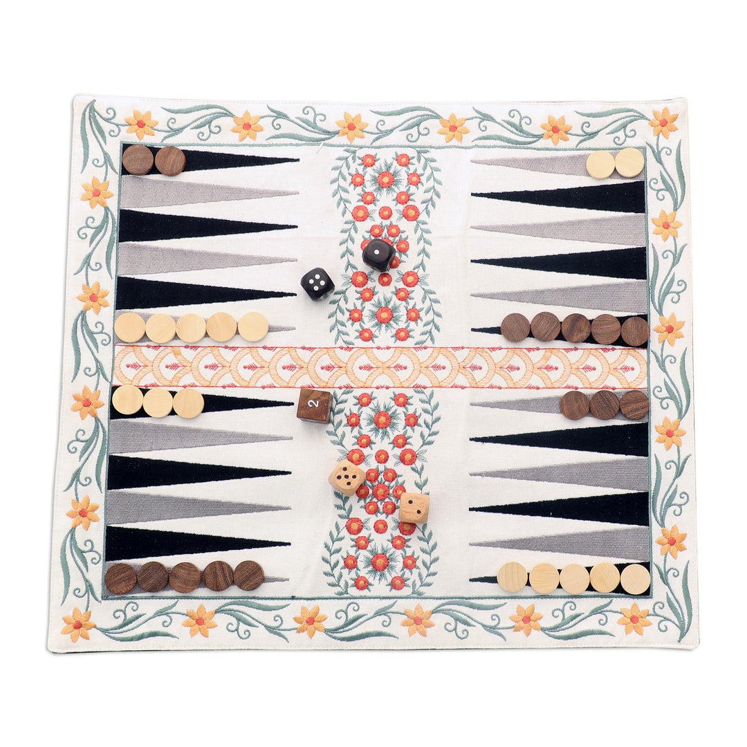 Floral Embroidered Travelers Backgammon Game - Ganga Garden in Yellow