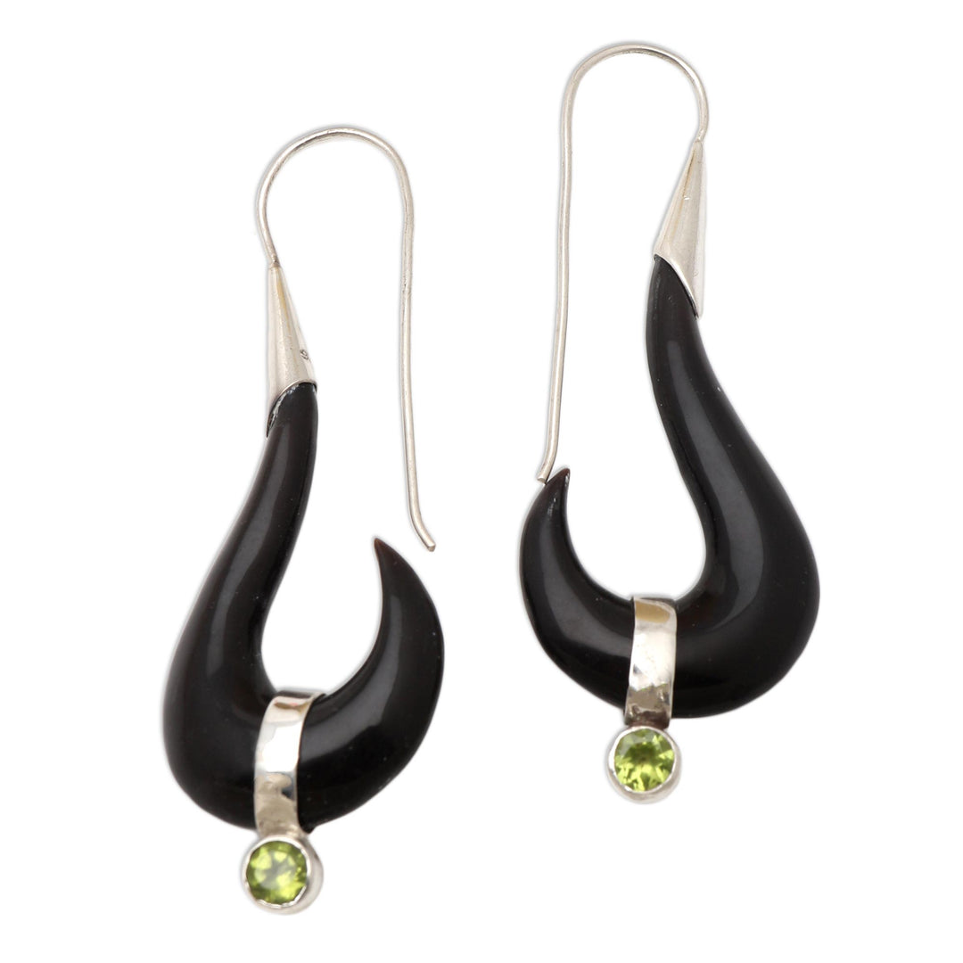 Handcrafted Bone and Peridot Dangle Earrings - Black Rider