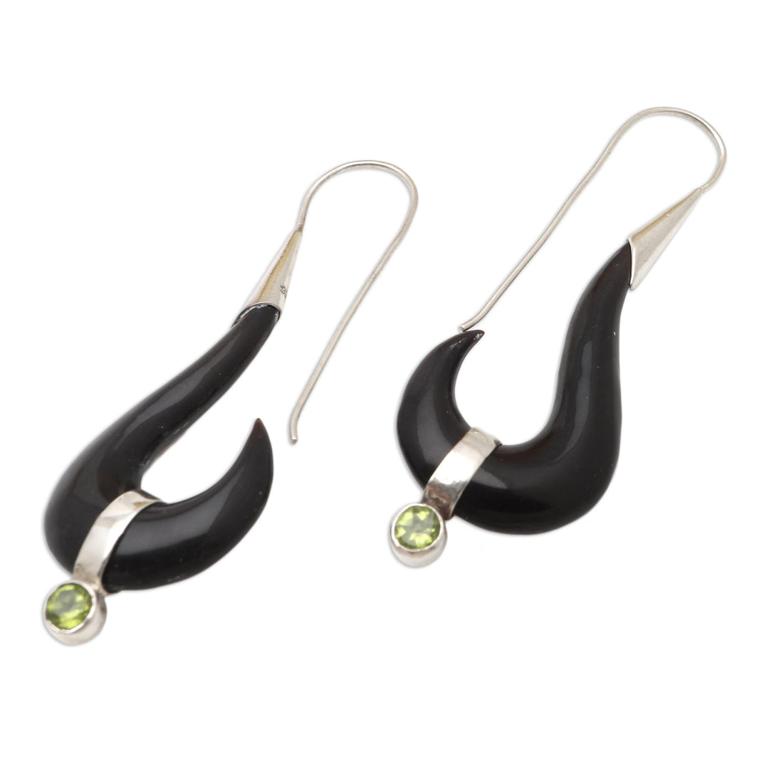 Handcrafted Bone and Peridot Dangle Earrings - Black Rider
