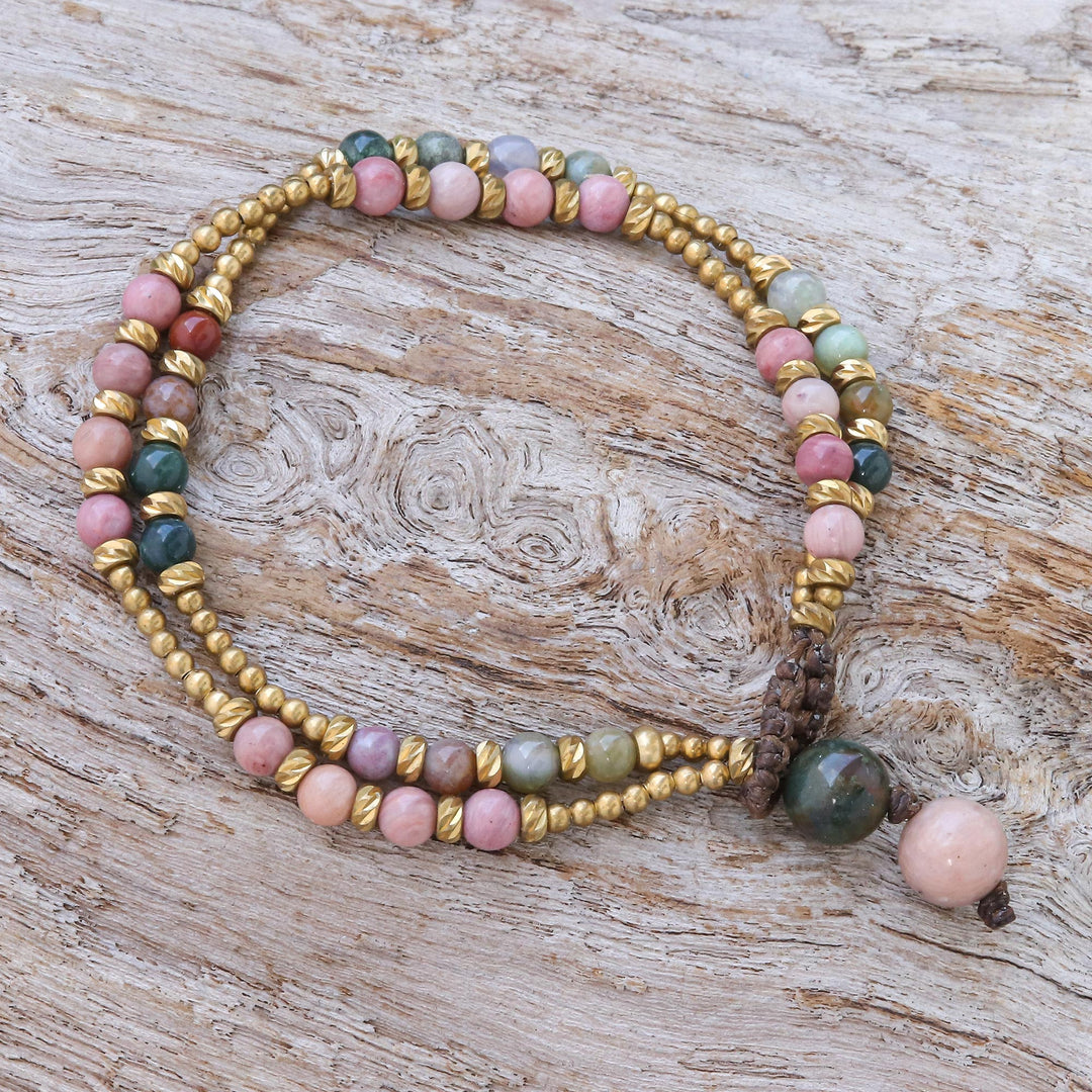 Handmade Agate and Brass Beaded Bracelet - Carnival in Pink