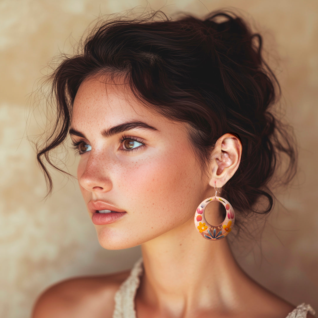 Reclaimed Copper Hand Painted Dangle Earrings from Mexico - Floral Wreath