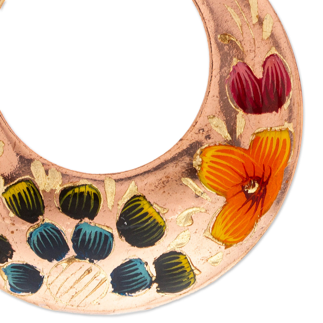 Reclaimed Copper Hand Painted Dangle Earrings from Mexico - Floral Wreath