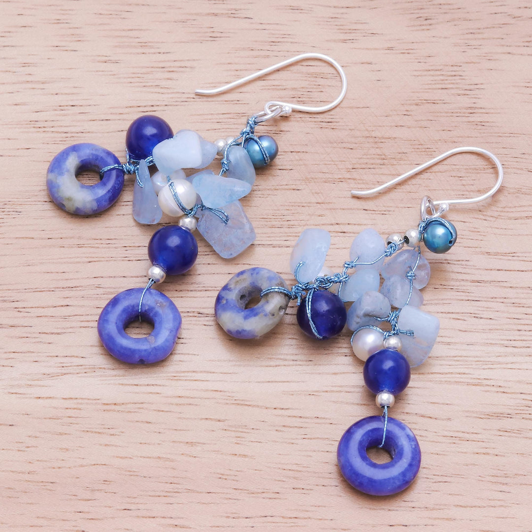 Aquamarine and Freshwater Pearl Dangle Earrings - Cool Dream
